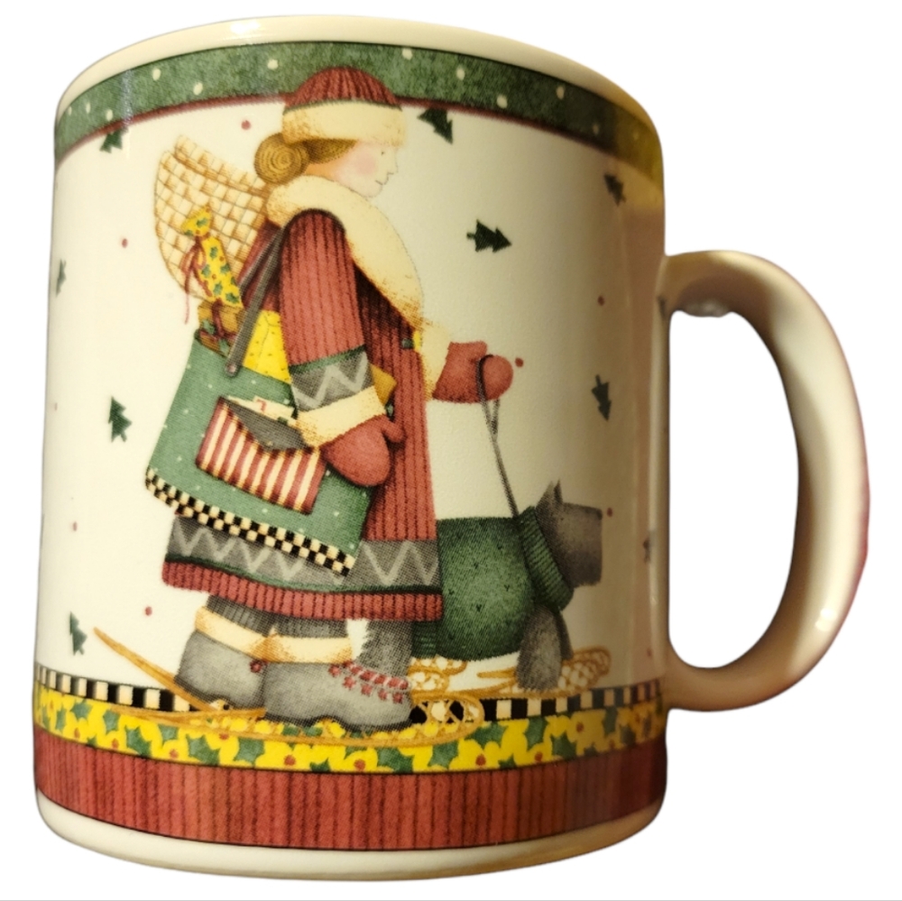 Vtg Sakura Coffee Tea Cup Art: Debbie Mumm Sledding Characters Girl Dog